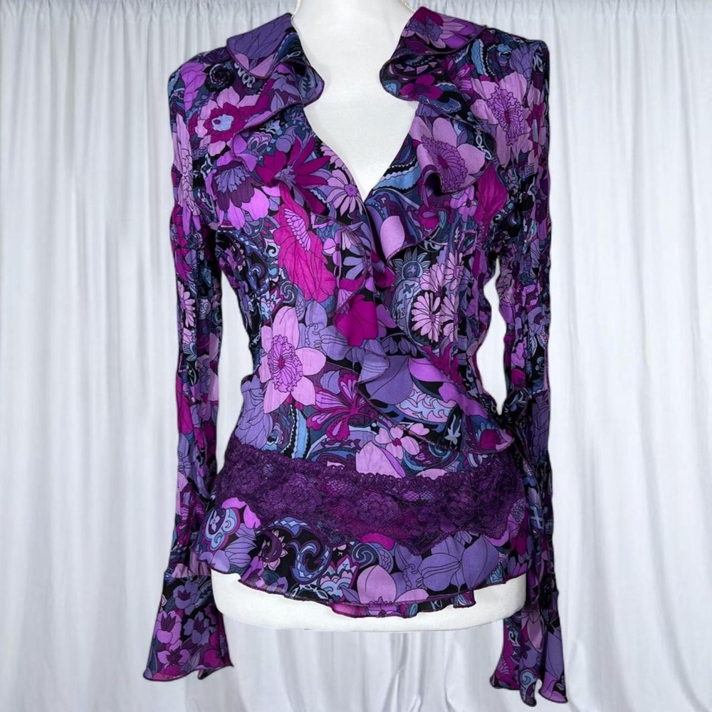 Allison Taylor Purple Floral Fairy Blouse Flare Sleeve Y2K